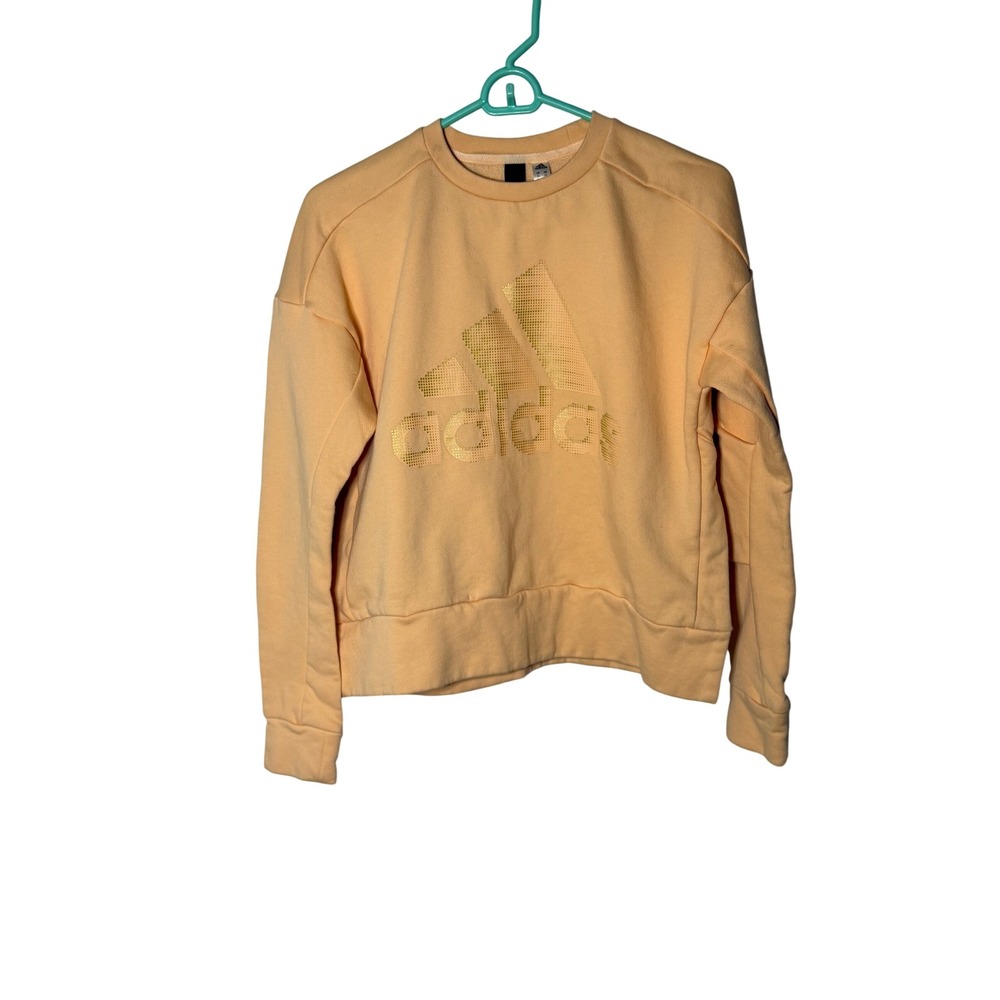 Adidas Womens Peach Gold Foil Logo Crewneck Sweatshirt Side Slits XS